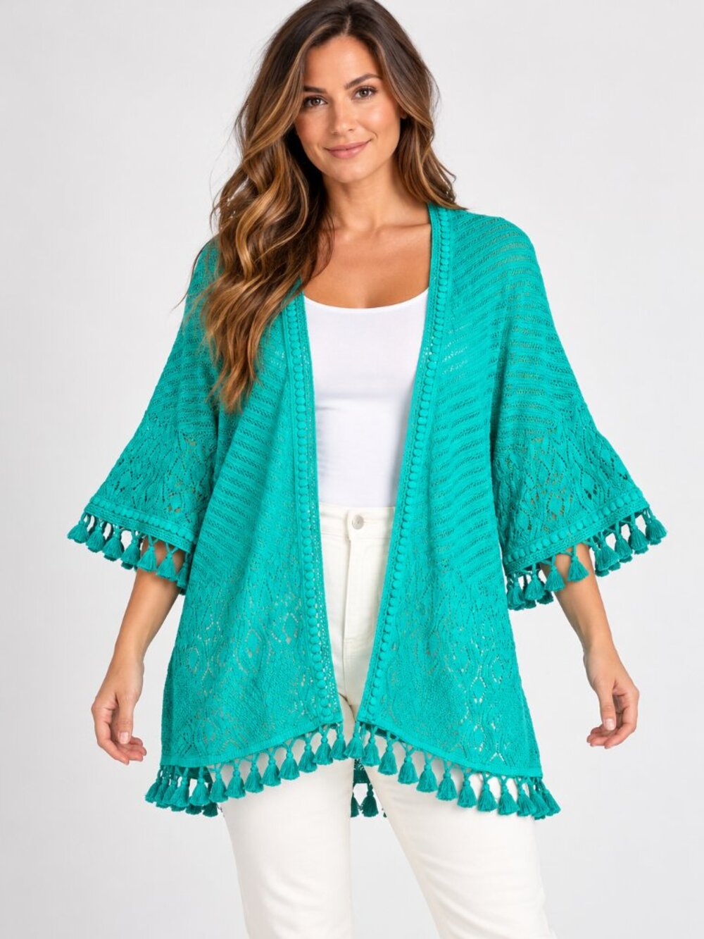 Chico's Size 0 Small Cardigan Sweater Open Knit Tassels Teal Blue Boho Layering